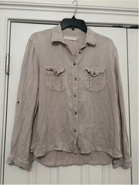 Women's Statement Button Down Shirt XL Beige Long Sleeve